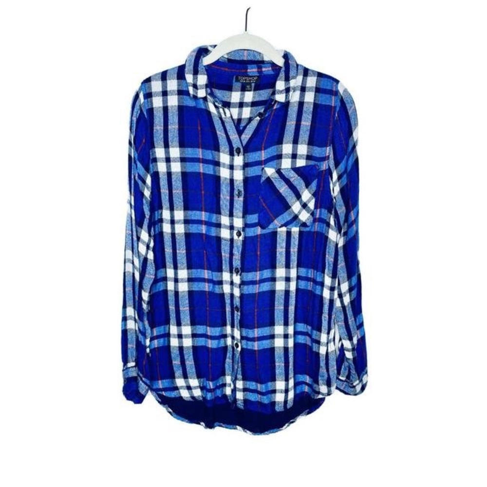 Topshop Blue Red Plaid Print Long Sleeve Button Up Shirt Button-down Top